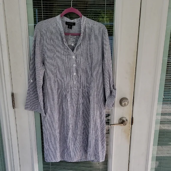 NWT Tahari Black & White Striped Linen Blend Roll Tab Sleeve Pullover Dress Sz M - Picture 2 of 8